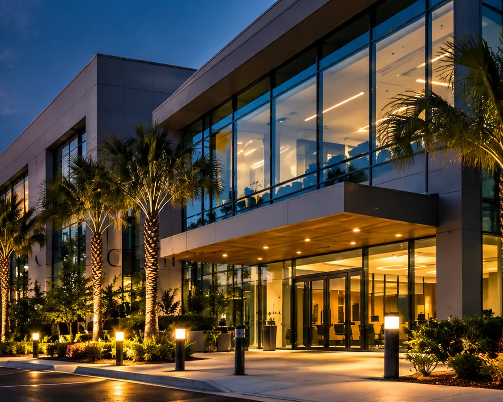 Modern commercial building with palm trees lit at dusk