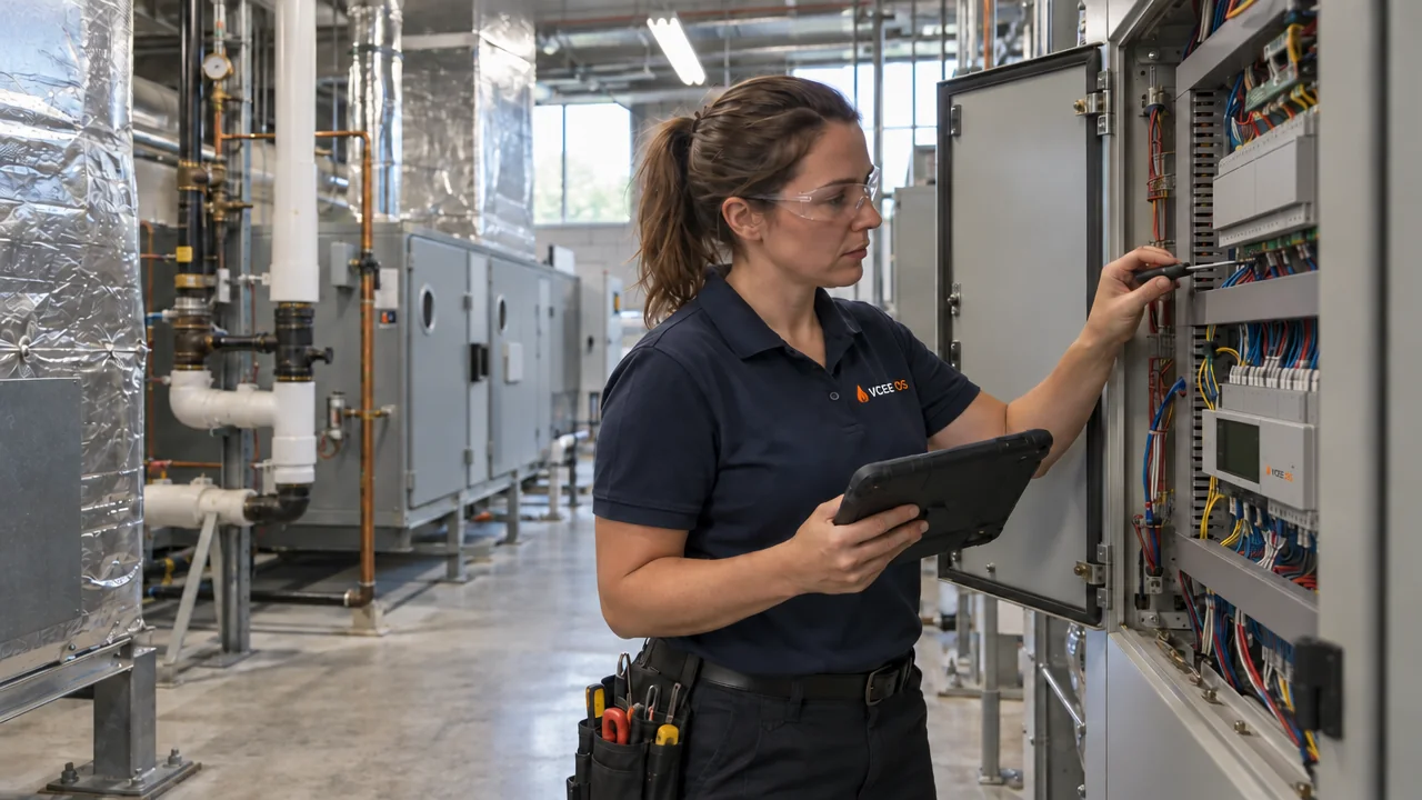 VCEE technician checking terminations in a building controls panel while holding a tablet